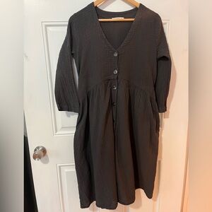 Filosofia midi button front grey cotton dress USA lagenlook 3/4 small vneck